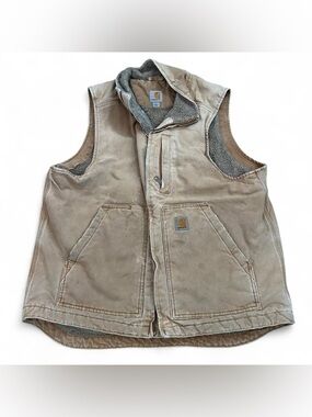 Carhartt Men’s Sandstone Distressed Washed Duck Sherpa-Lined Mock-Neck Vest M